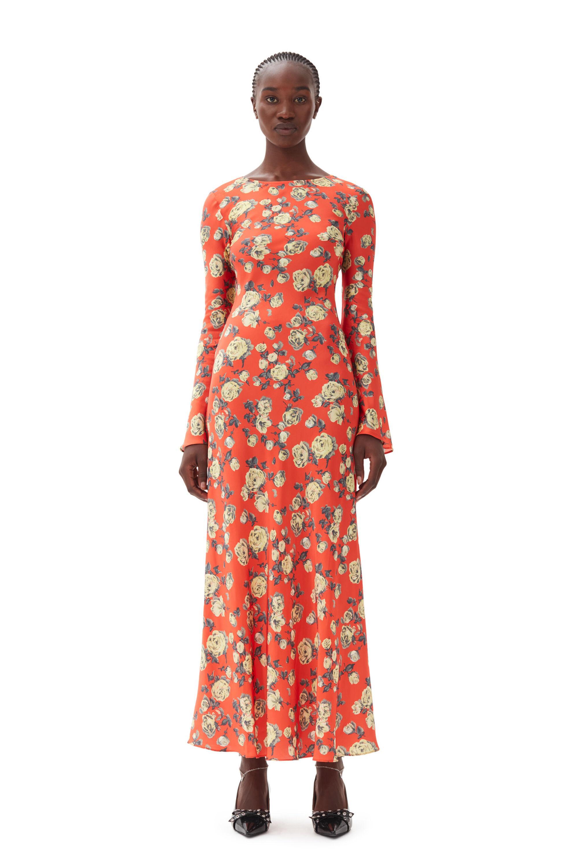 Orange Floral Printed Satin Maxi Dress Product Image