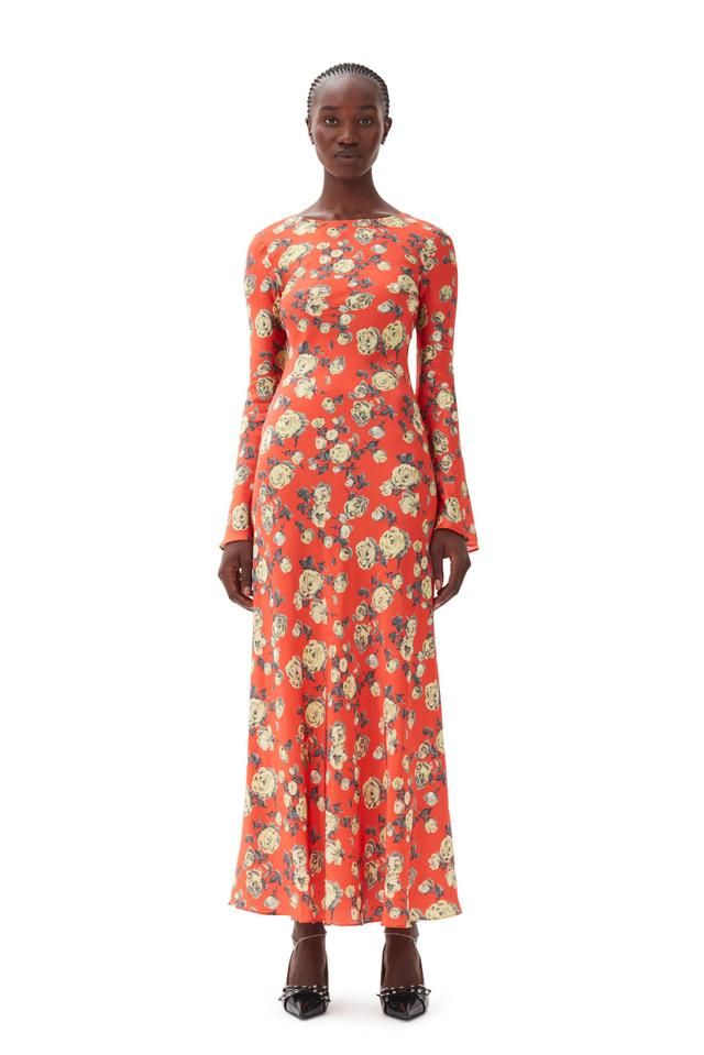 Orange Floral Printed Satin Maxi Dress Product Image