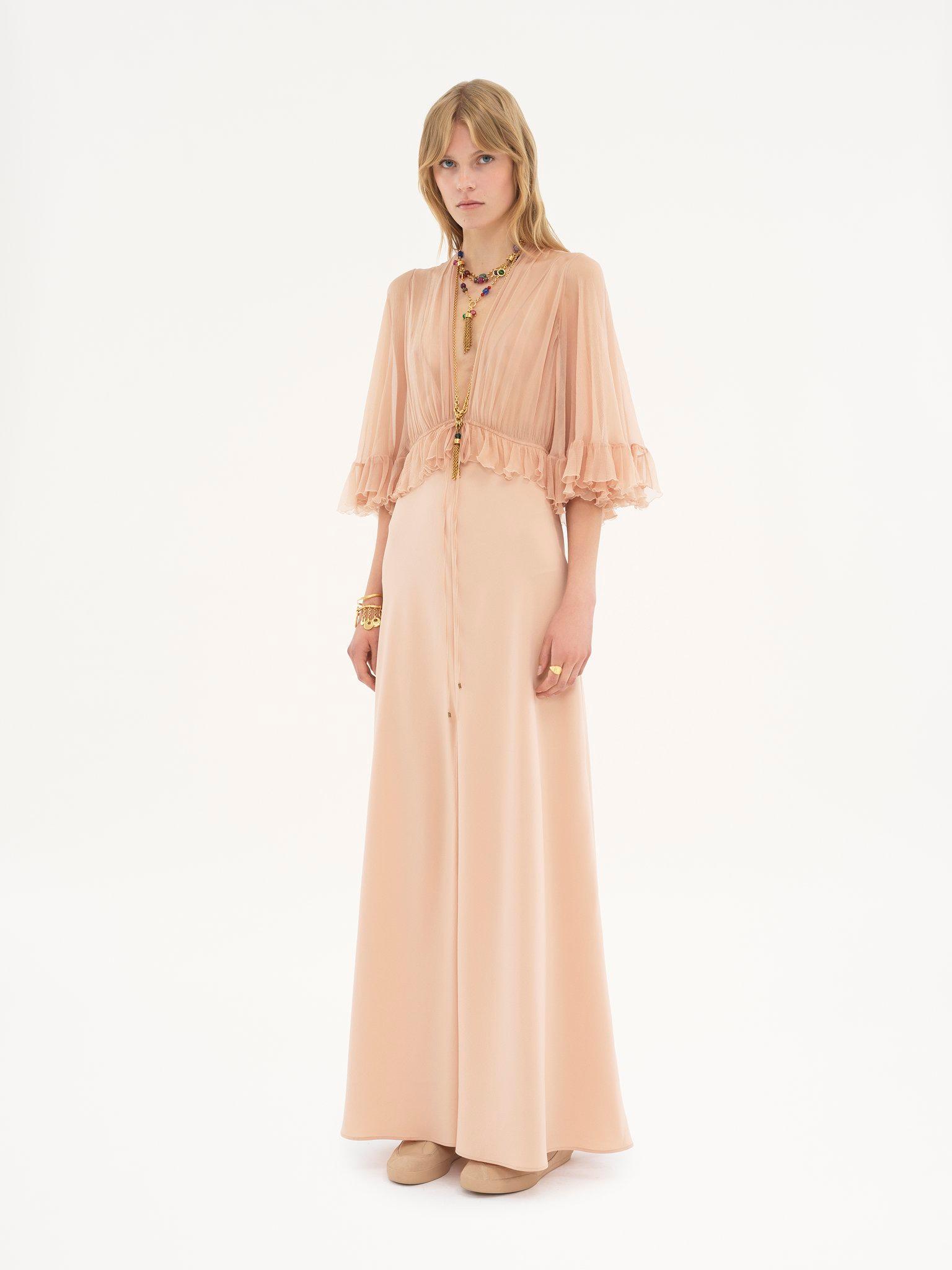 V-neck long dress in crêpe satin Product Image