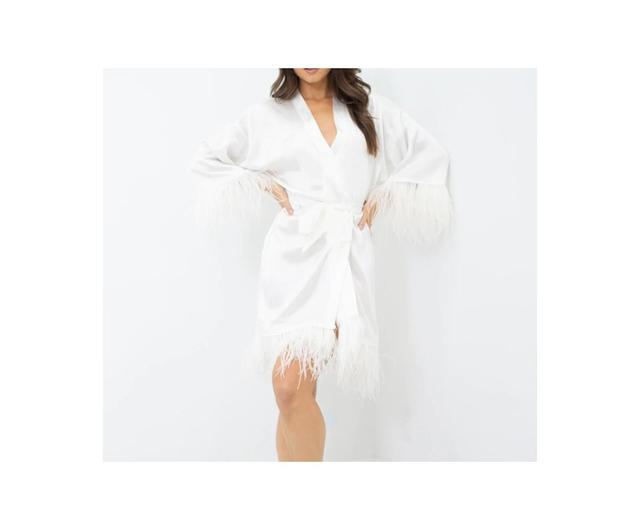 Womens Silk Robe - Short - Ostrich Feather Trim Hem and Sleeve - Silk Collection Product Image