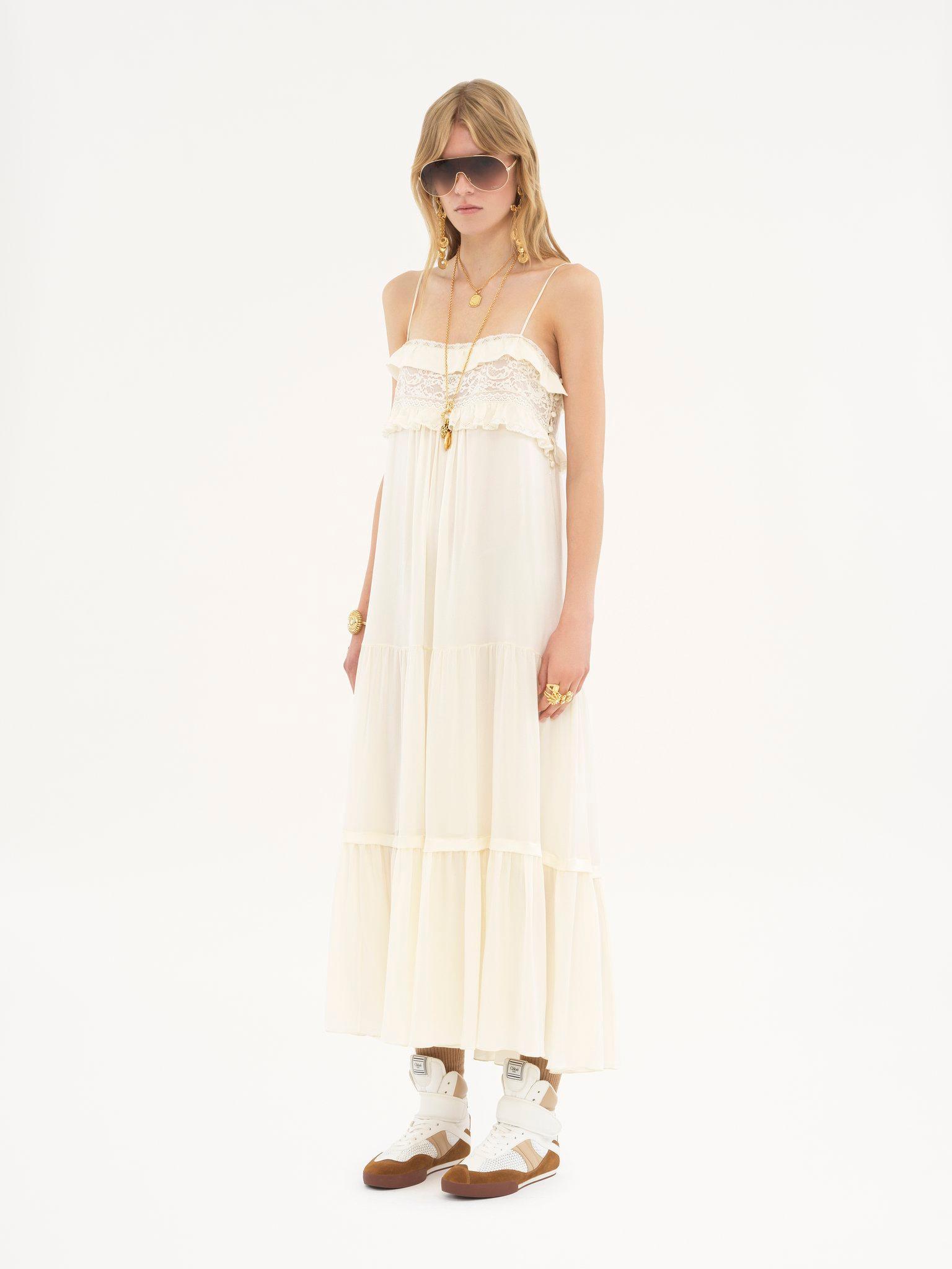 Sleeveless long dress in silk charmeuse Product Image