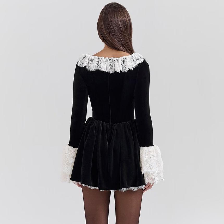 Long-Sleeve Square Neck Lace Panel Mini Dress Product Image