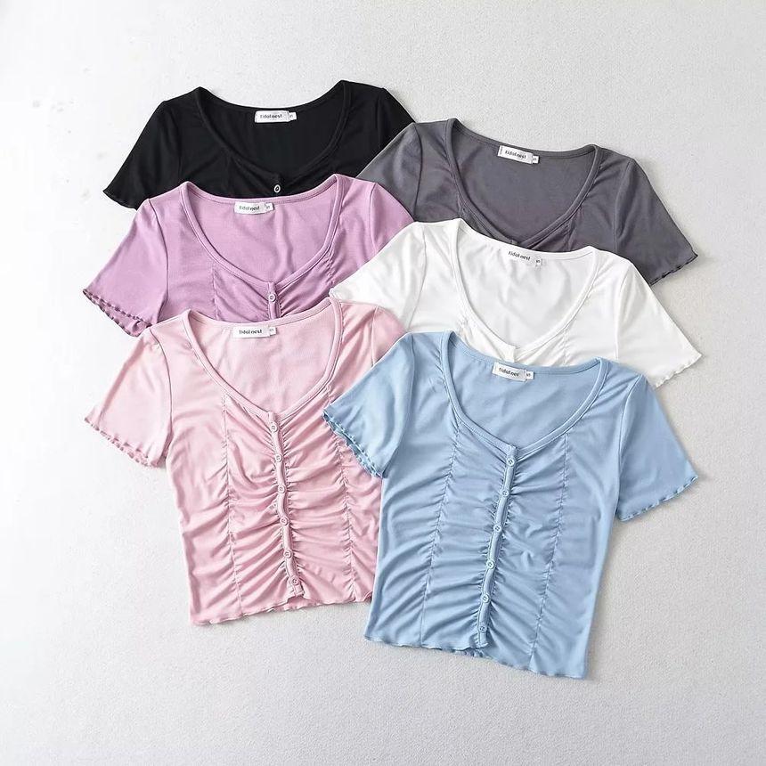 Short Sleeve Plain Ruched Slim-Fit Crop Top Product Image