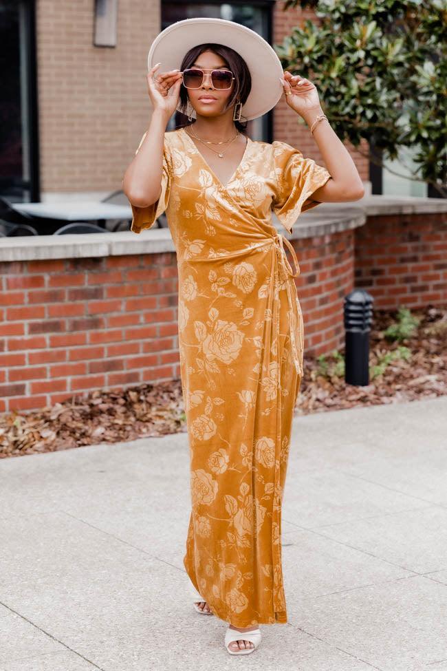 Forever Grateful Gold Velvet Floral Maxi Dress FINAL SALE Product Image