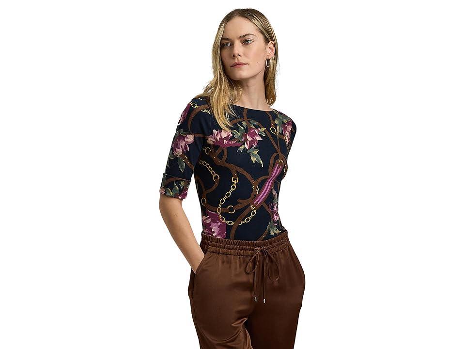 LAUREN Ralph Lauren Print Cotton Boatneck Tee (Navy Multi) Women's Clothing Product Image