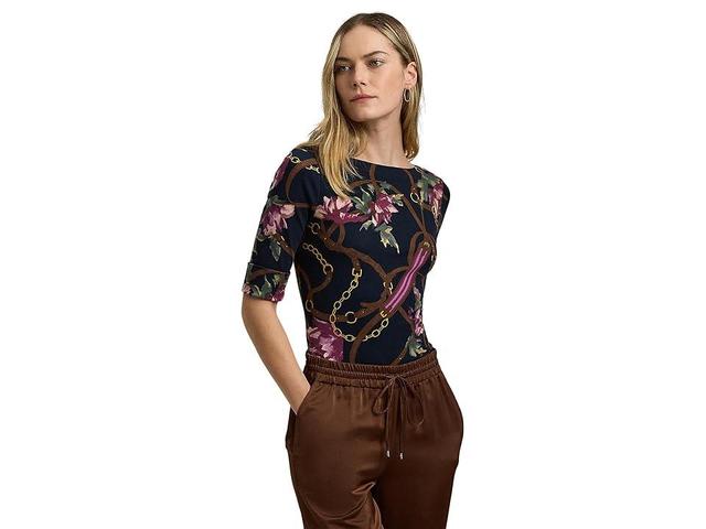 Lauren Ralph Lauren Print Cotton Boatneck Tee (Navy Multi) Women's Clothing Product Image