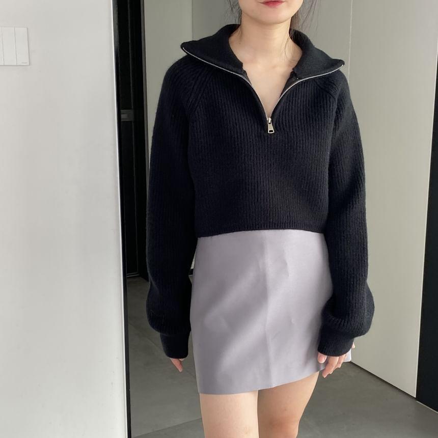 Turtleneck Half Zip Plain Ribbed Knit Crop Sweater Product Image