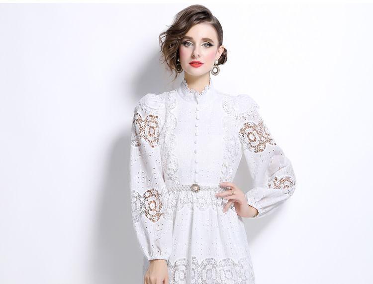 Set: Long Sleeve Stand Collar Plain Button Panel Lace Midi A-Line Dress + Belt Product Image