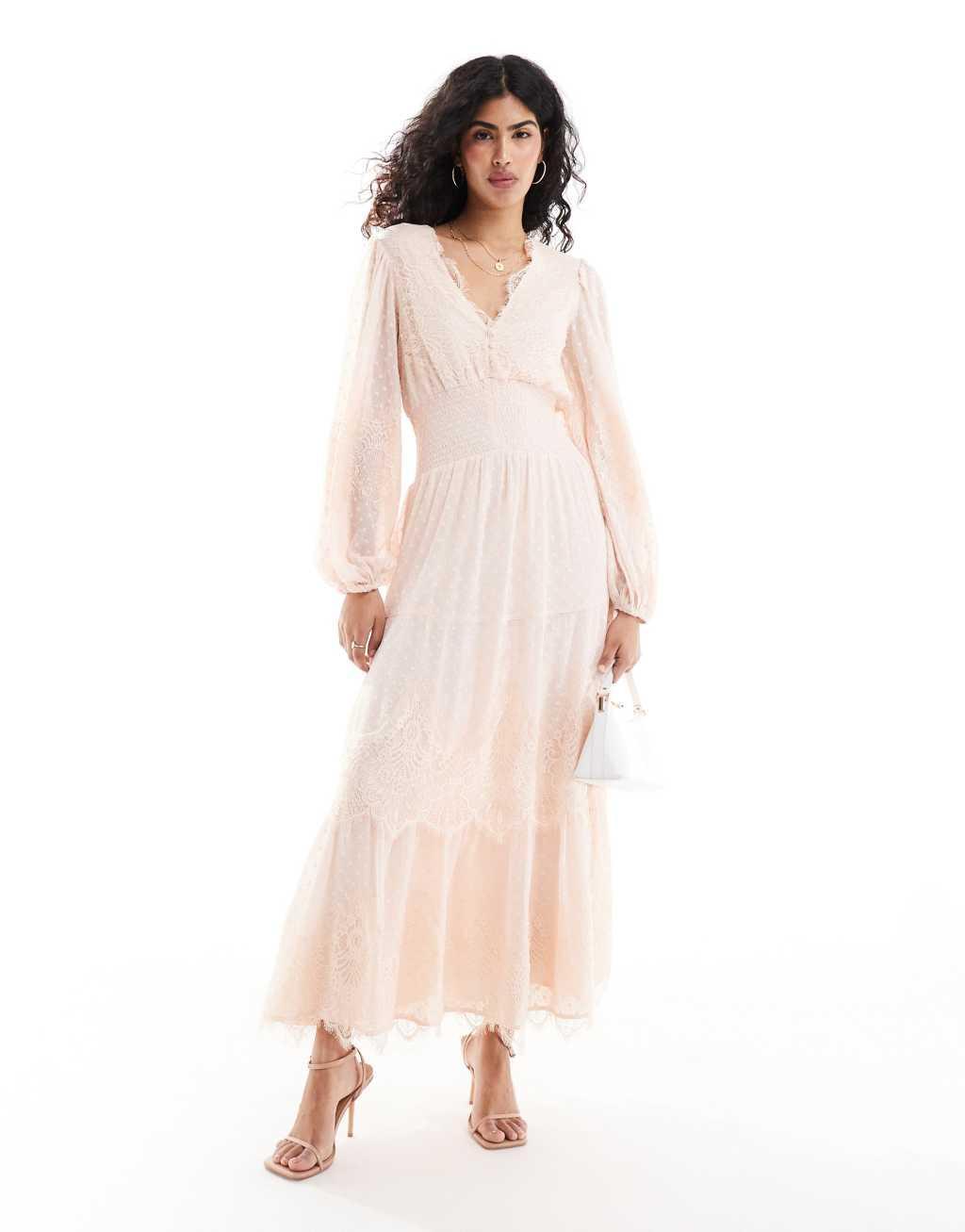 ASOS DESIGN lace trim tiered maxi dress in light pink texture Product Image