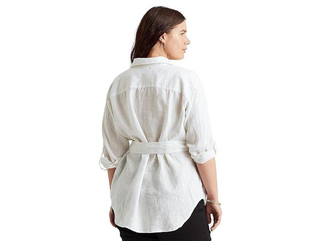 LAUREN Ralph Lauren Plus Size Belted Linen Shirt (White) Women's Clothing Product Image