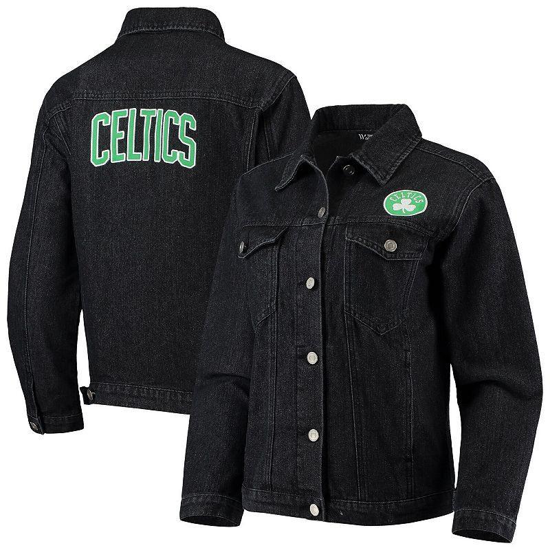 Womens The Wild Collective Black Boston Celtics Patch Denim Button-Up Jacket Product Image