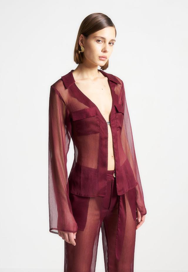 Sheer Shirt with Clasp - Wine Red Female Product Image