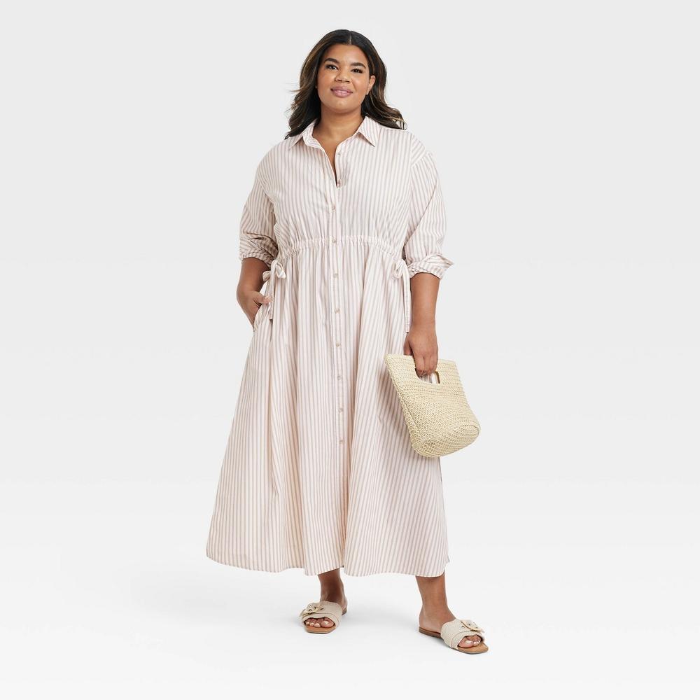 Womens Long Sleeve Cinch Waist Maxi Shirtdress - Universal Thread Tan Striped 2X product image