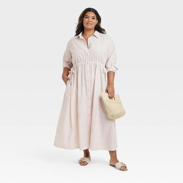 Womens Long Sleeve Cinch Waist Maxi Shirtdress - Universal Thread Tan Striped 2X Product Image