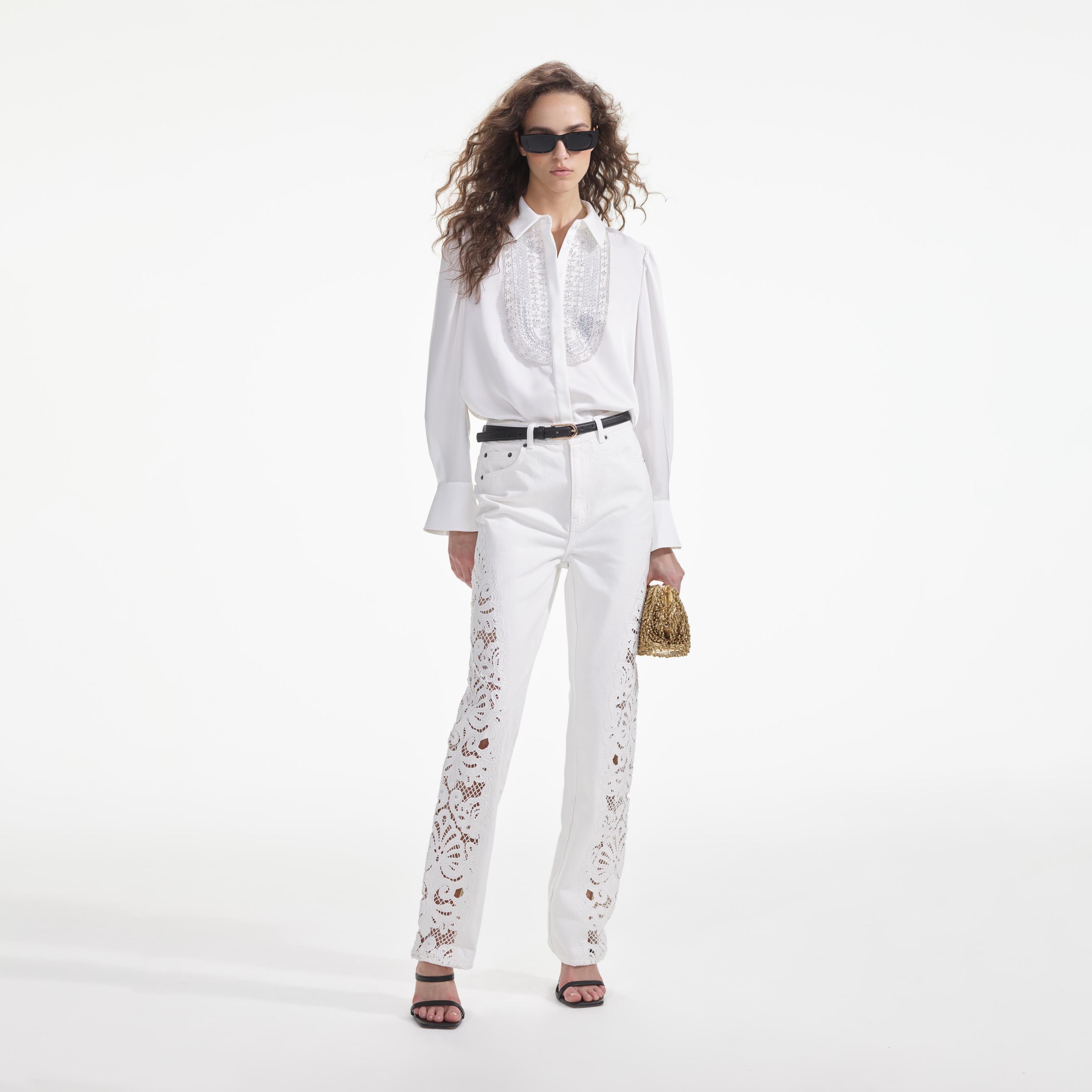 White Cutwork Denim Jeans Product Image