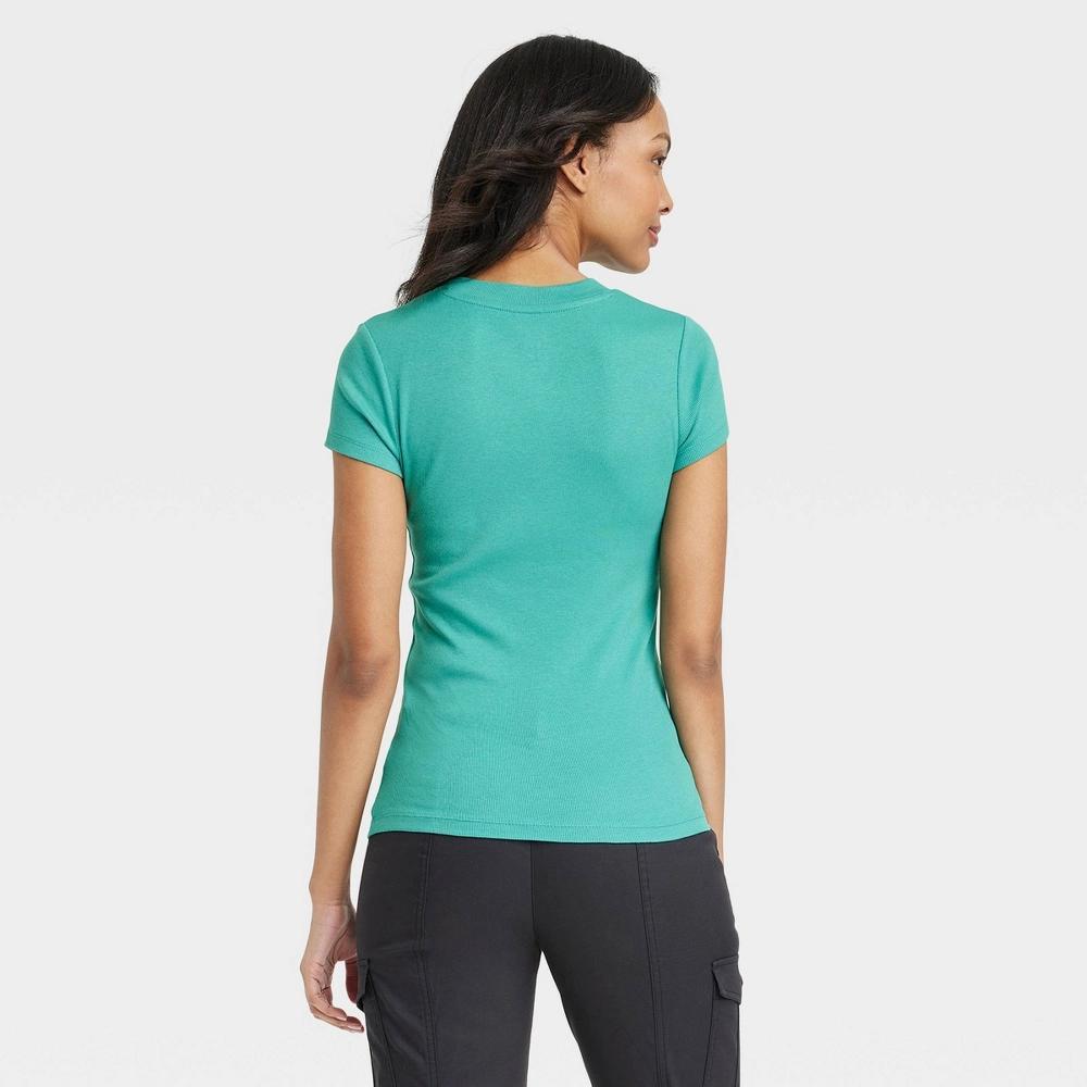 Women's Slim Fit Short Sleeve Ribbed T-Shirt - A New Day™ Dark Teal XL Product Image