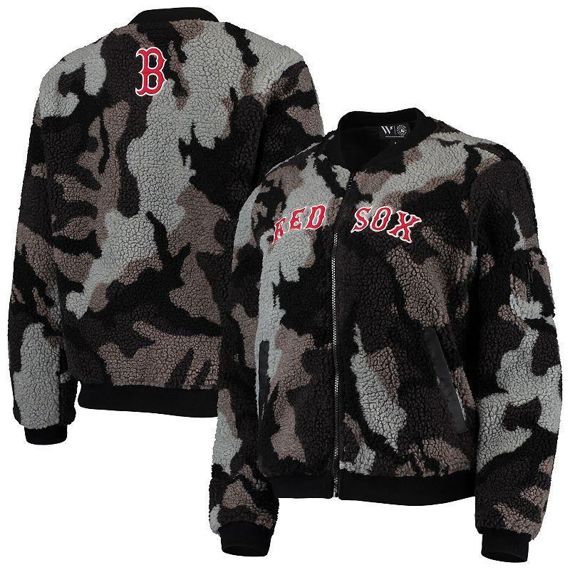 Womens The Wild Collective Black Boston Red Sox Camo Sherpa Full-Zip Bomber Jacket Product Image