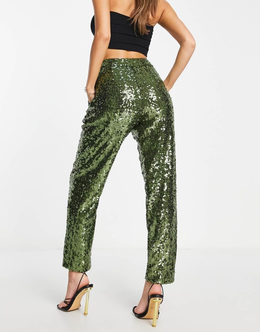 ASOS DESIGN sequin slouchy pants in khaki Product Image