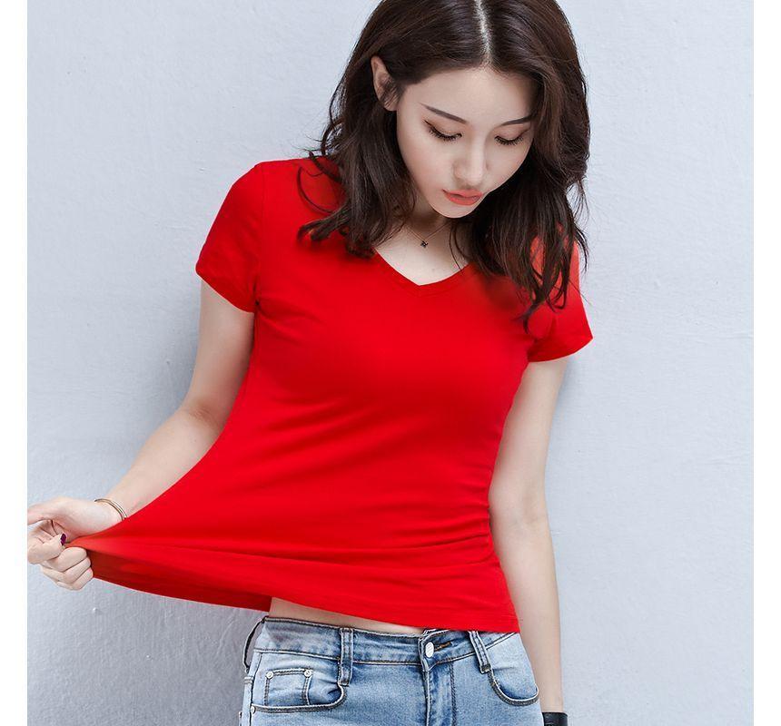 Short-Sleeve V-Neck Plain Top Product Image