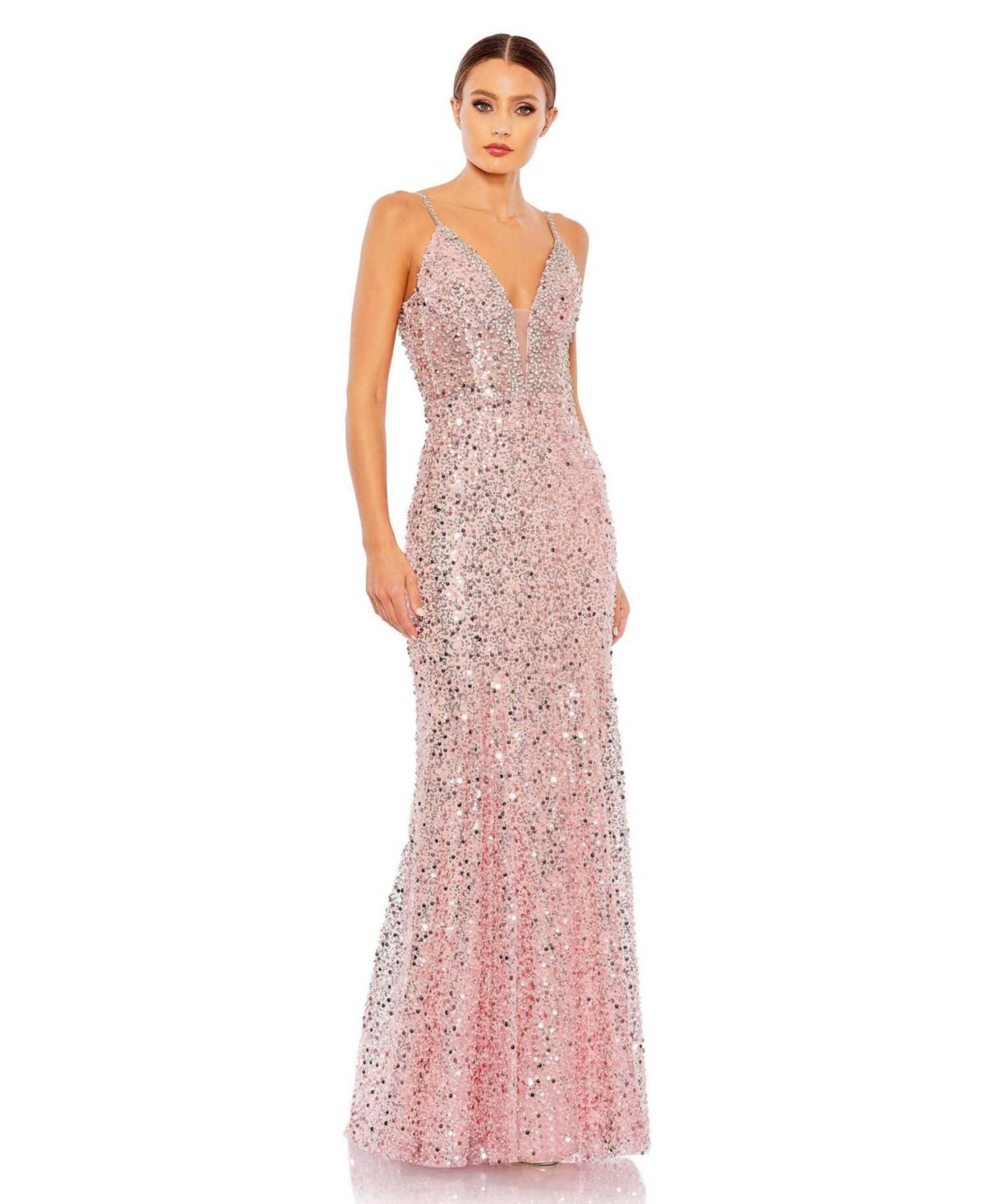 Womens Embellished Plunge Neck Sleeveless Trumpet Gown Product Image