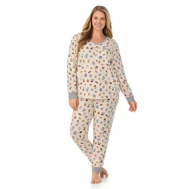 Plus Size Cuddl Duds Cozy Long Sleeve Henley Pajama Top & Pajama Bottoms Set, Womens Cream Brown Product Image