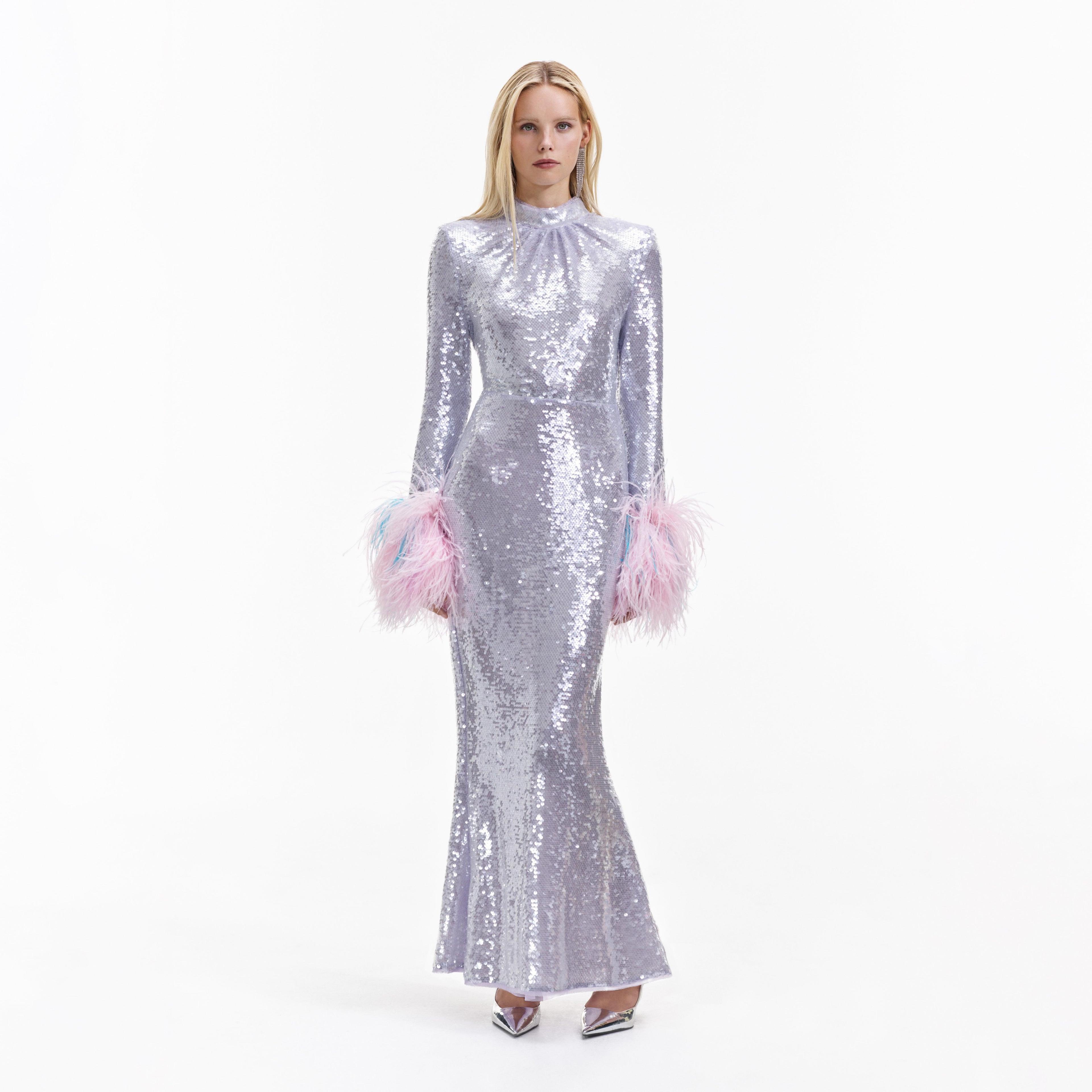 Lilac Sequin Feather Maxi Dress Product Image