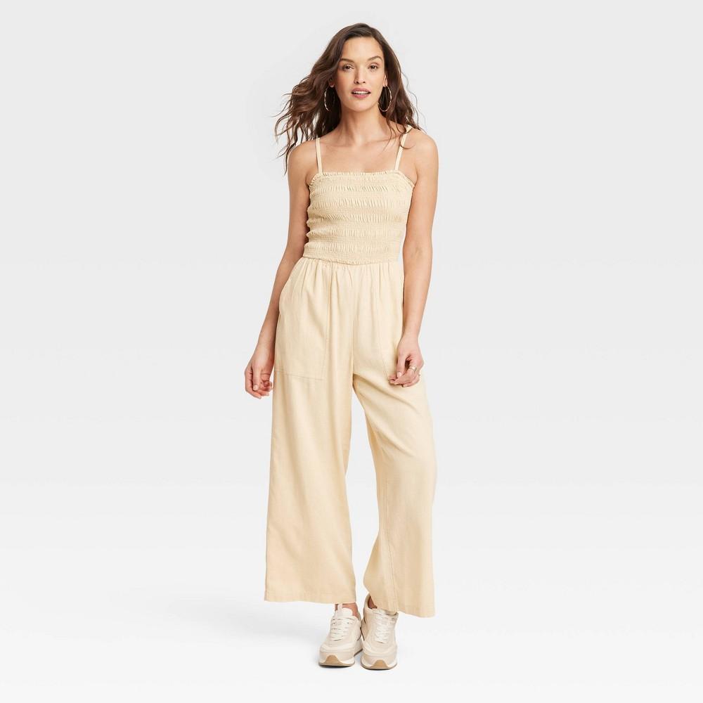 Womens Smocked Linen Maxi Jumpsuit - Universal Thread Tan M Product Image