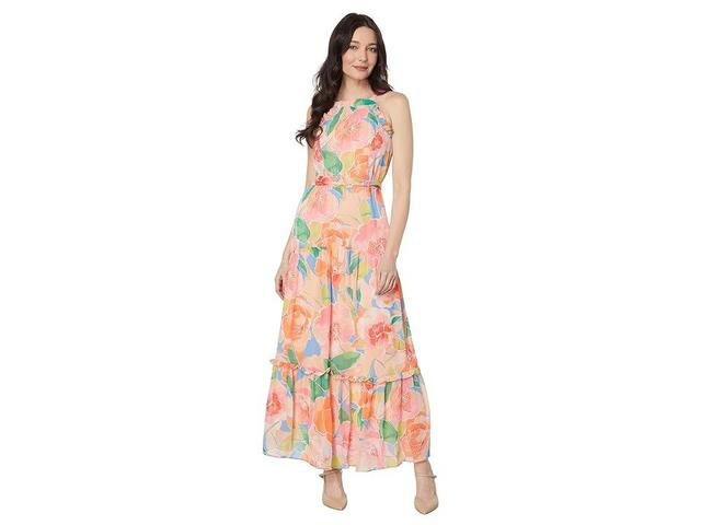 Maggy London Apron Front Floral Print Maxi Dress (Sky Blue/Peach) Women's Dress Product Image