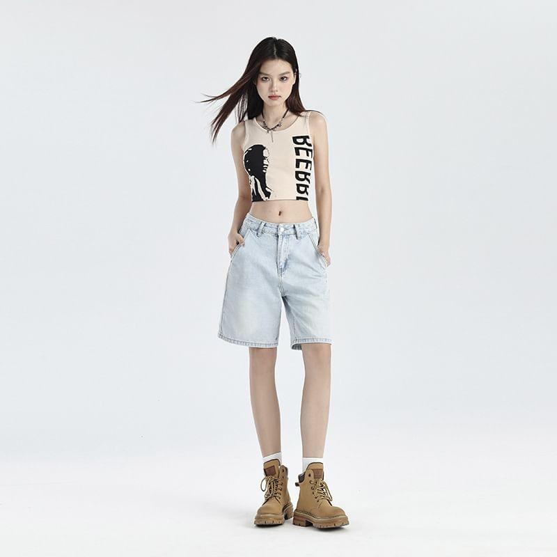 Mid Rise Washed Denim Shorts Product Image