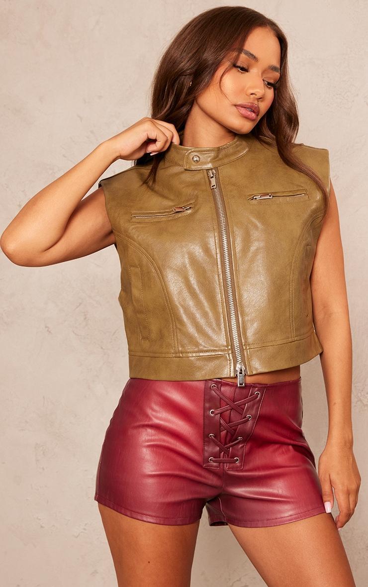 Petite Khaki Sleeveless Collared Faux Leather Vest Product Image