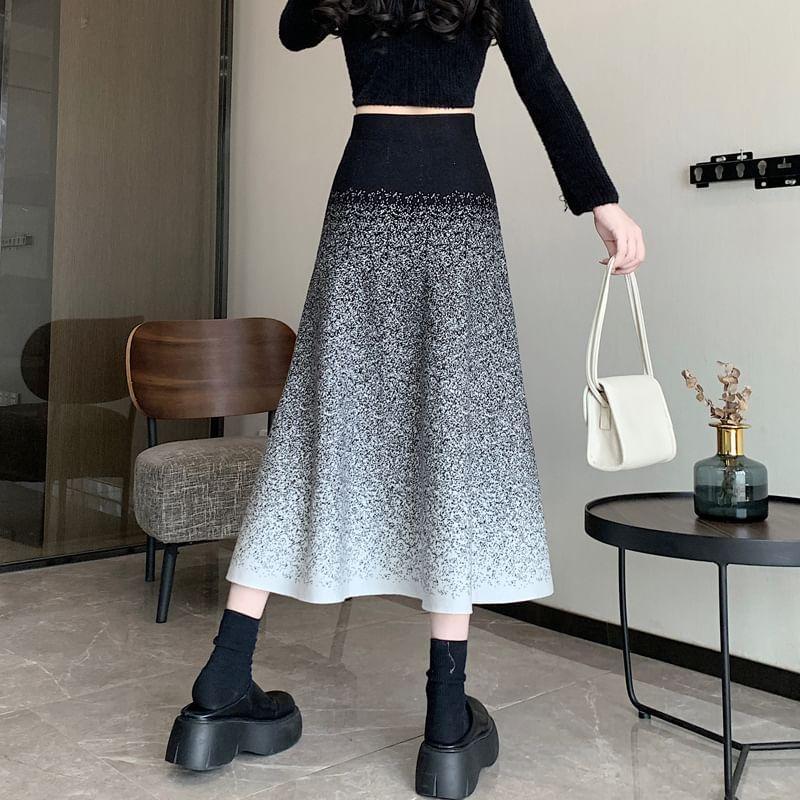 Elastic Waist Gradient Midi A-Line Knit Skirt Product Image