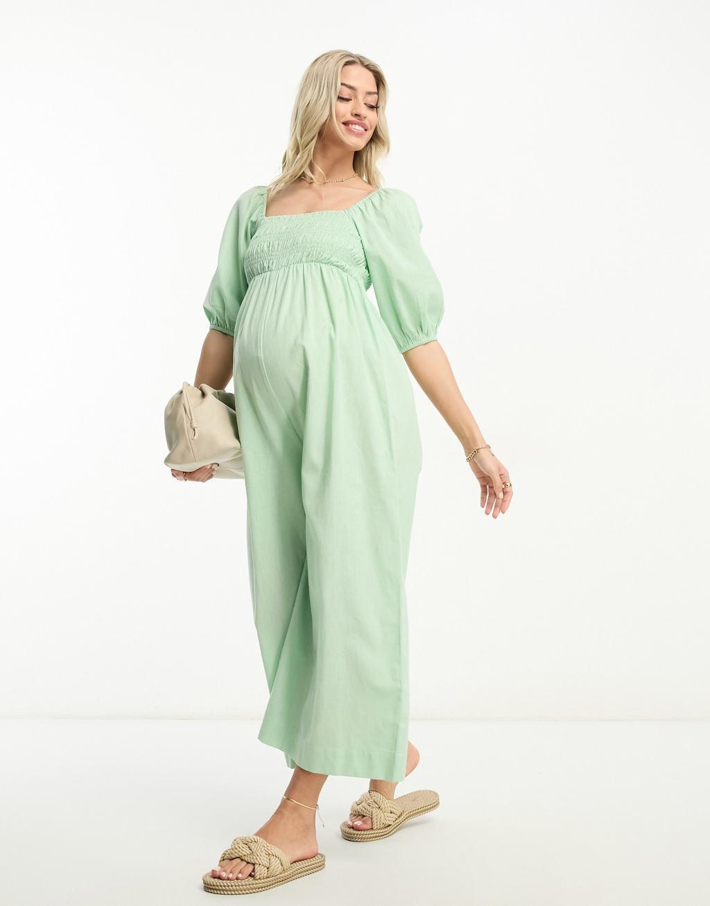 ASOS DESIGN Maternity linen look shirred puff sleeve jumpsuit in sage Product Image