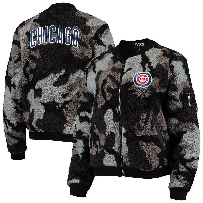 Womens The Wild Collective Black Chicago Cubs Camo Sherpa Full-Zip Bomber Jacket Product Image