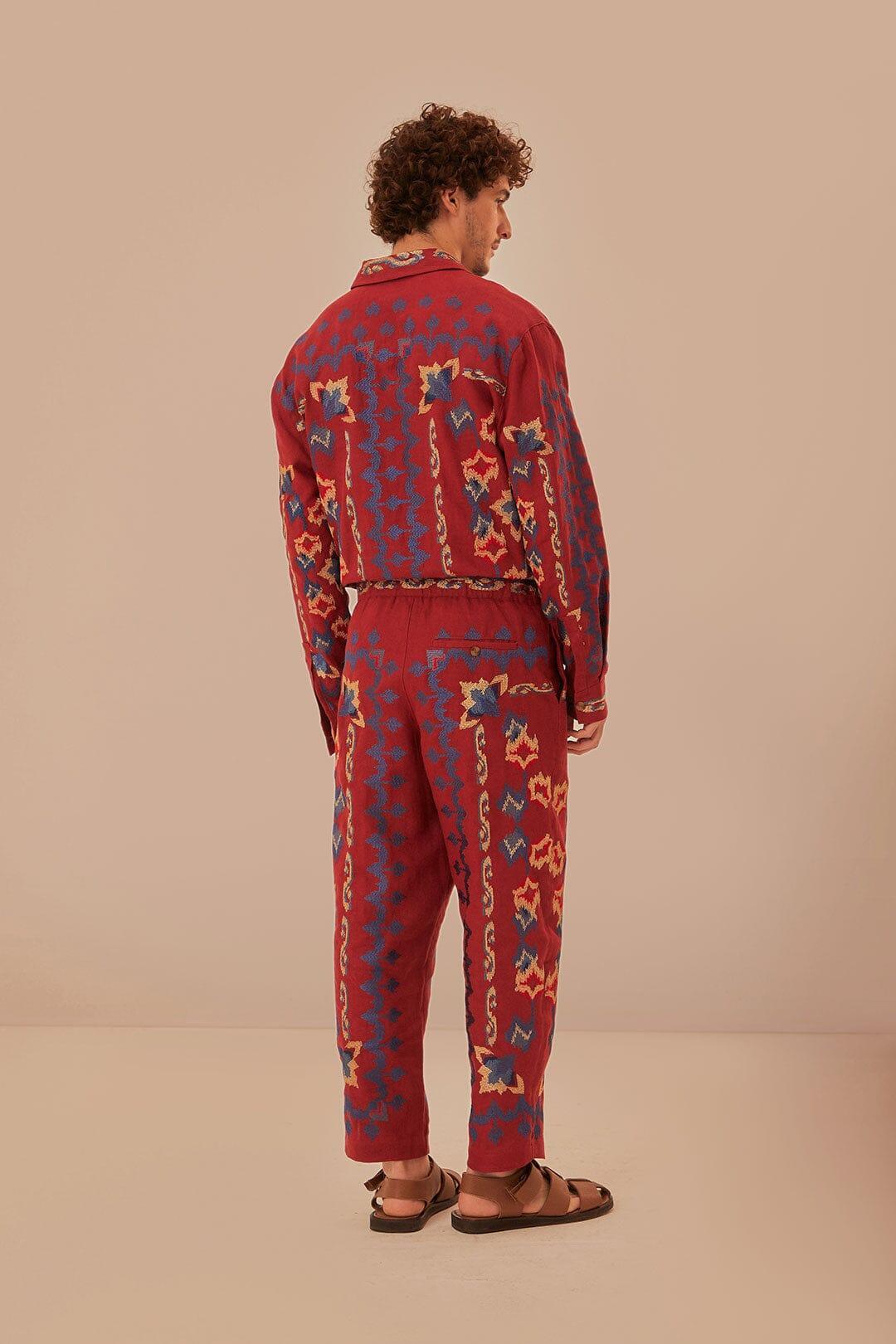 Red Floral Embroidery Jacquard Pants Product Image