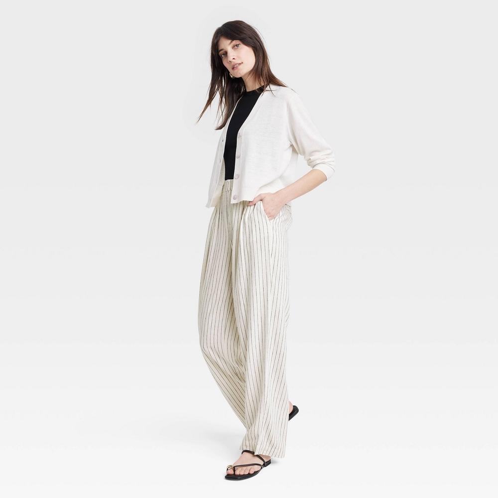 Womens High-Rise Linen Pleat Front Straight Trousers - A New Day Cream/Black Pinstripe 12 Short Product Image