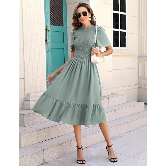 WhizMax Women's 2024 Summer Casual Short Sleeve Smocked Ruffle Midi Dress Crewneck High Waist Flowy Dress Green XL Product Image