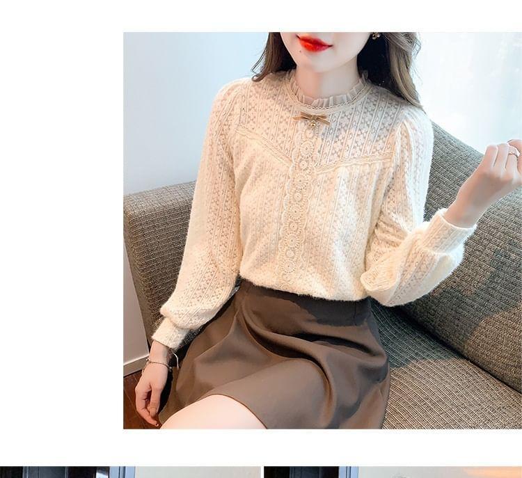 Long-Sleeve Bow Frill Trim Lace Blouse Product Image