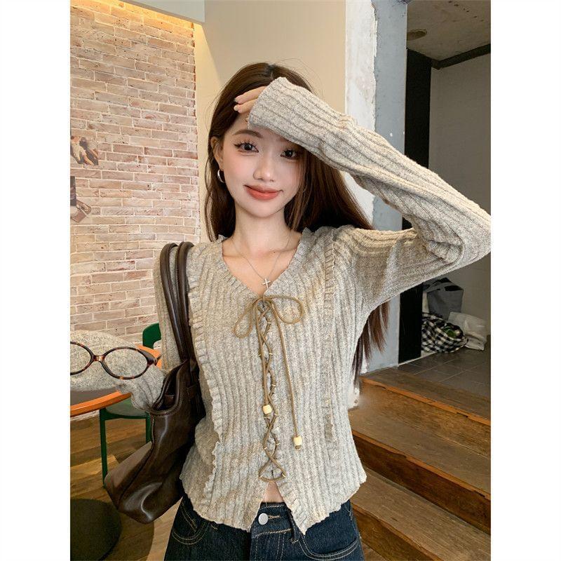 Long Sleeve V-Neck Melange Frill Lace Up Ribbed Top Product Image