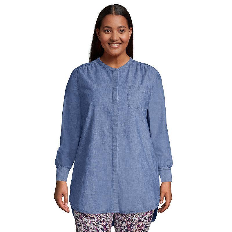 Plus Size Lands End A-Line Tunic Button-Down Shirt, Womens Dark Blue Product Image