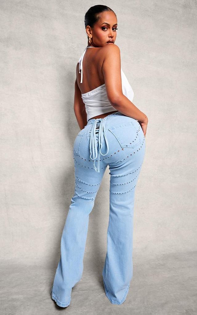 Shape Light Blue Wash Denim Lace Up Back Flare Jeans Product Image