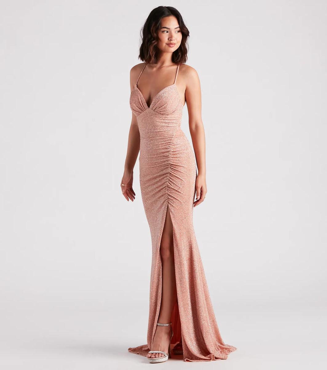 Rosalyn Ruched Glitter Knit High Slit Formal Dress Product Image