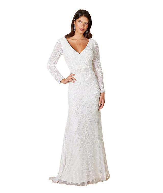 Lara Womens White Gretchen V-Neck Long Sleeve Wedding Dress Product Image