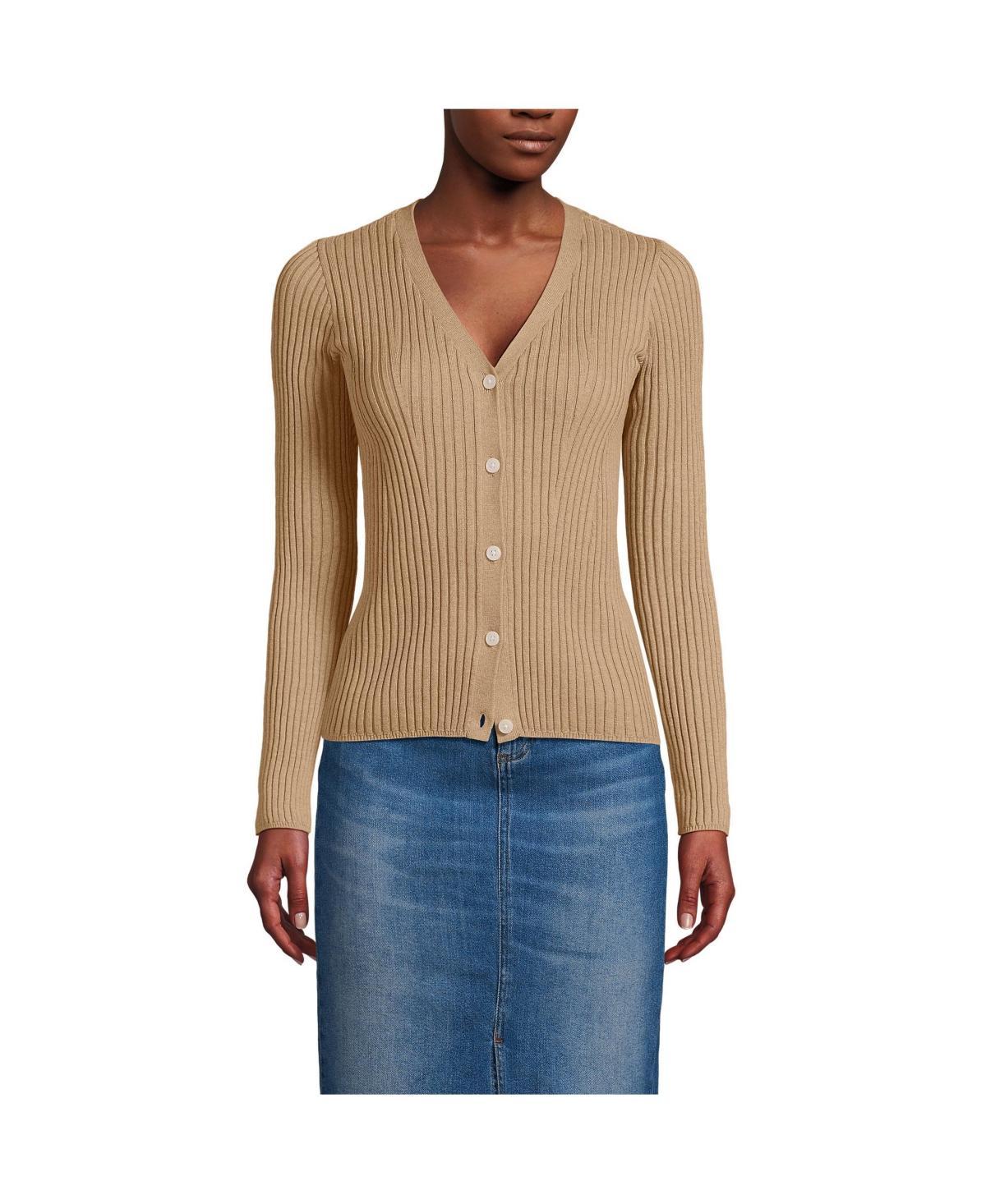 Womens Lands End Ribbed V-Neck Cardigan Sweater Vicuna Grey product image