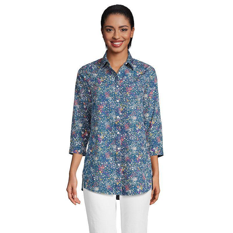 Womens Lands End No Iron Three Quarter Sleeve Tunic Blue Ditsy Floral Product Image