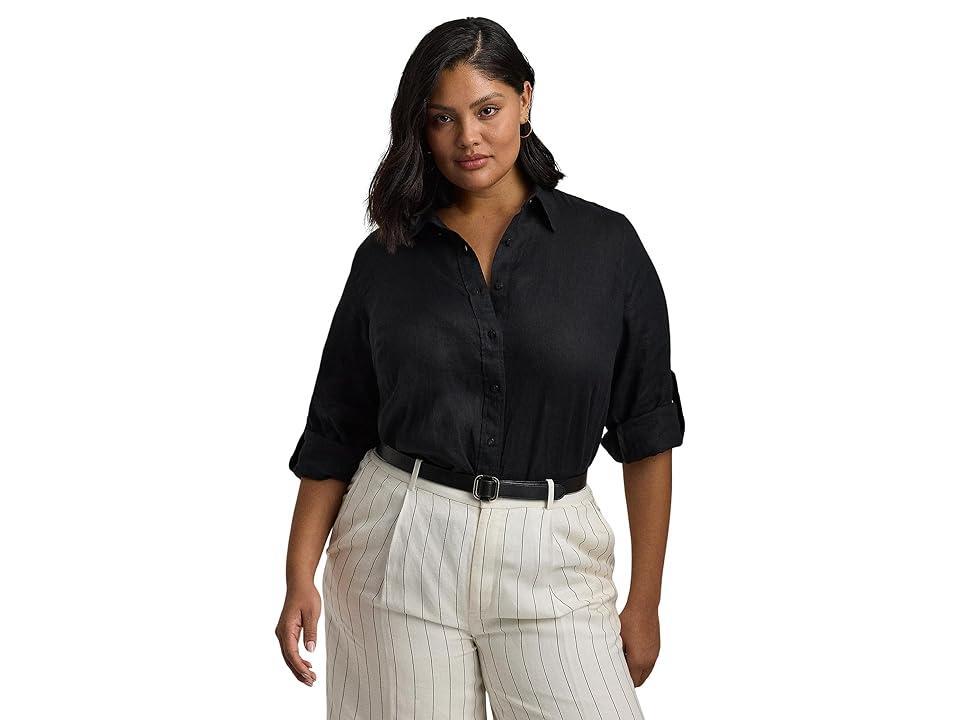 LAUREN Ralph Lauren Plus-Size Linen Roll Tab-Sleeve Shirt (Polo ) Women's Clothing Product Image