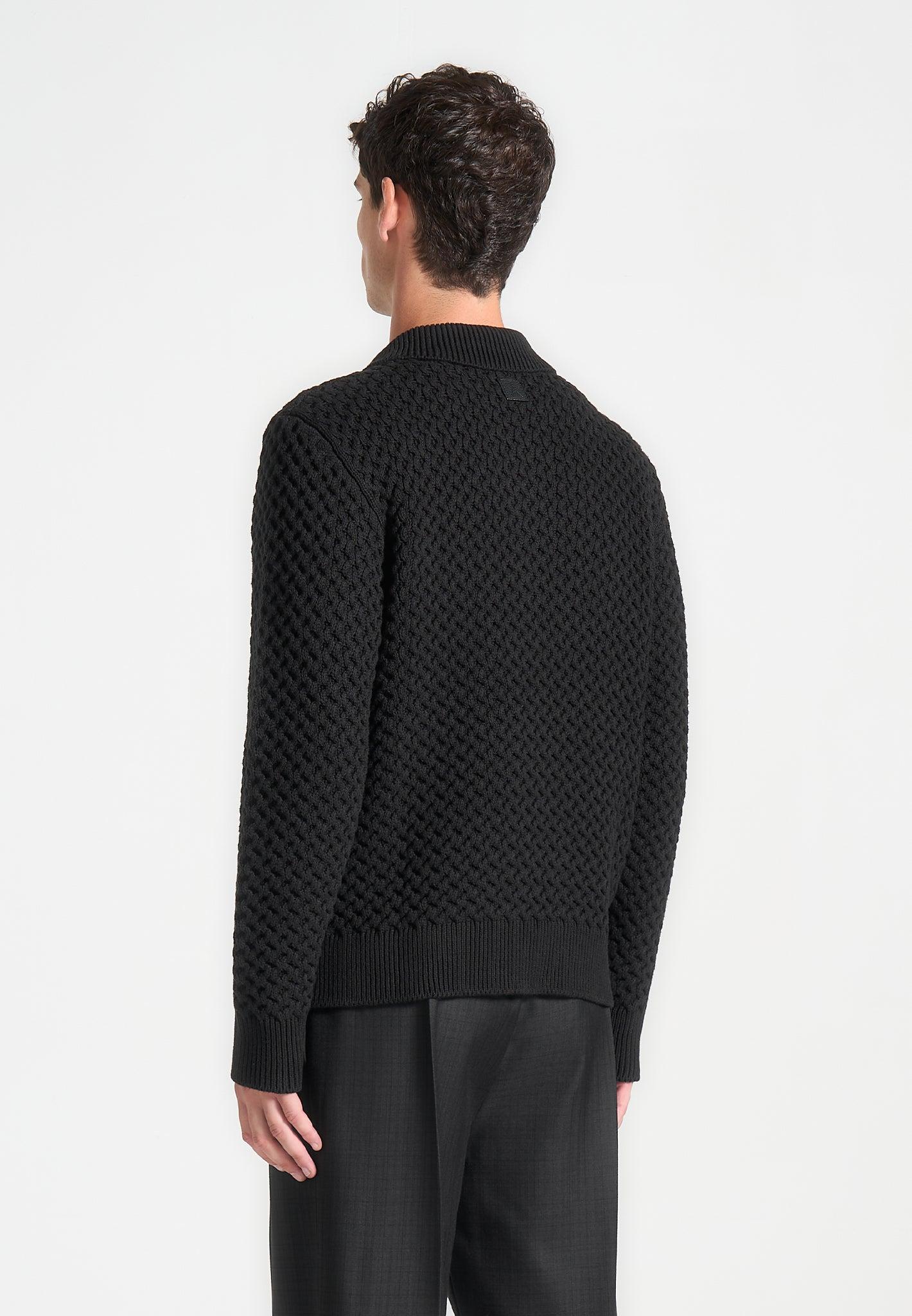 Waffle Knit Polo Jumper - Black Male Product Image