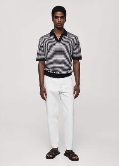 Mango Mens Contrast Collar Striped Knit Polo Shirt Product Image