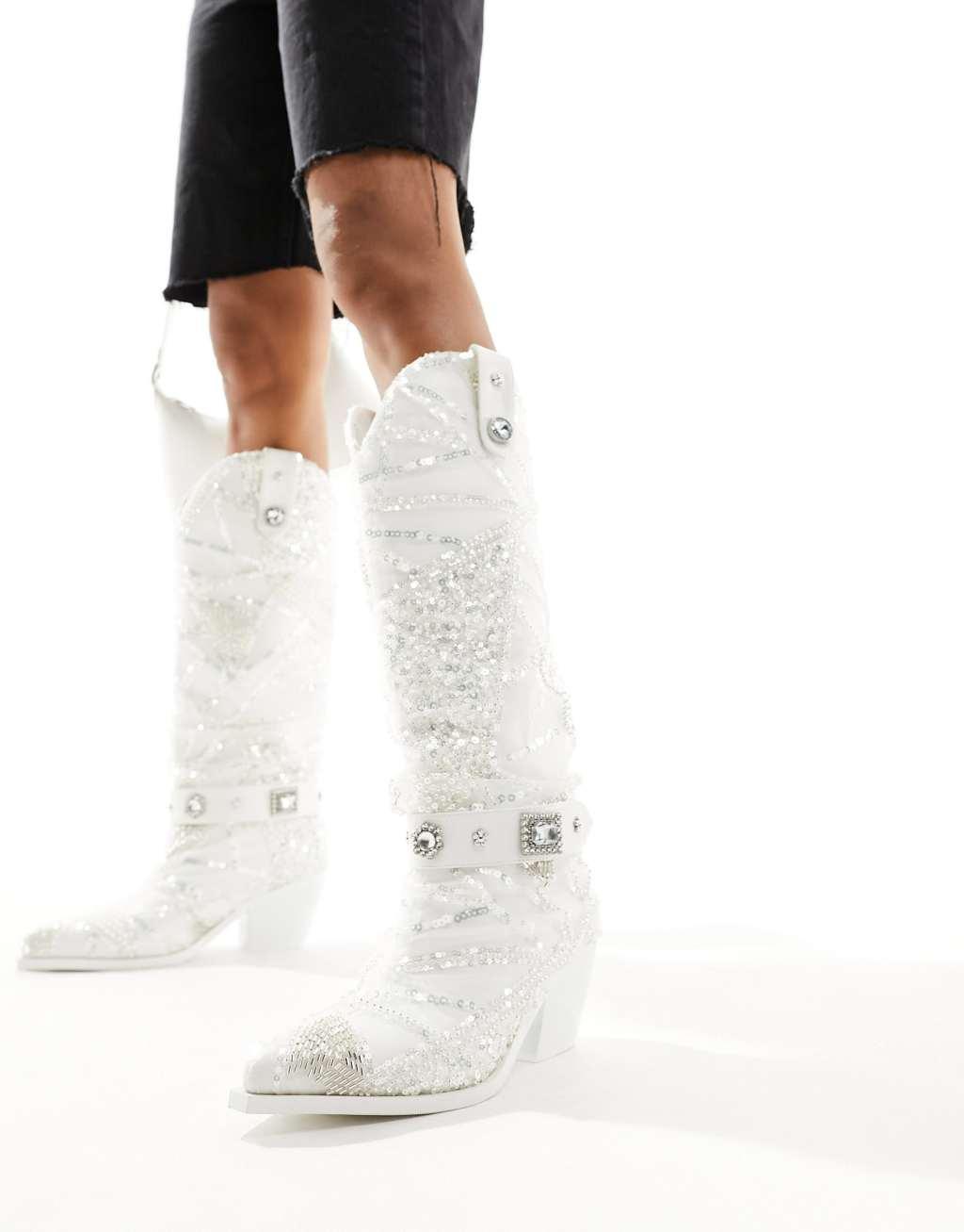 Azalea Wang Echoed embellished western boot in white Product Image