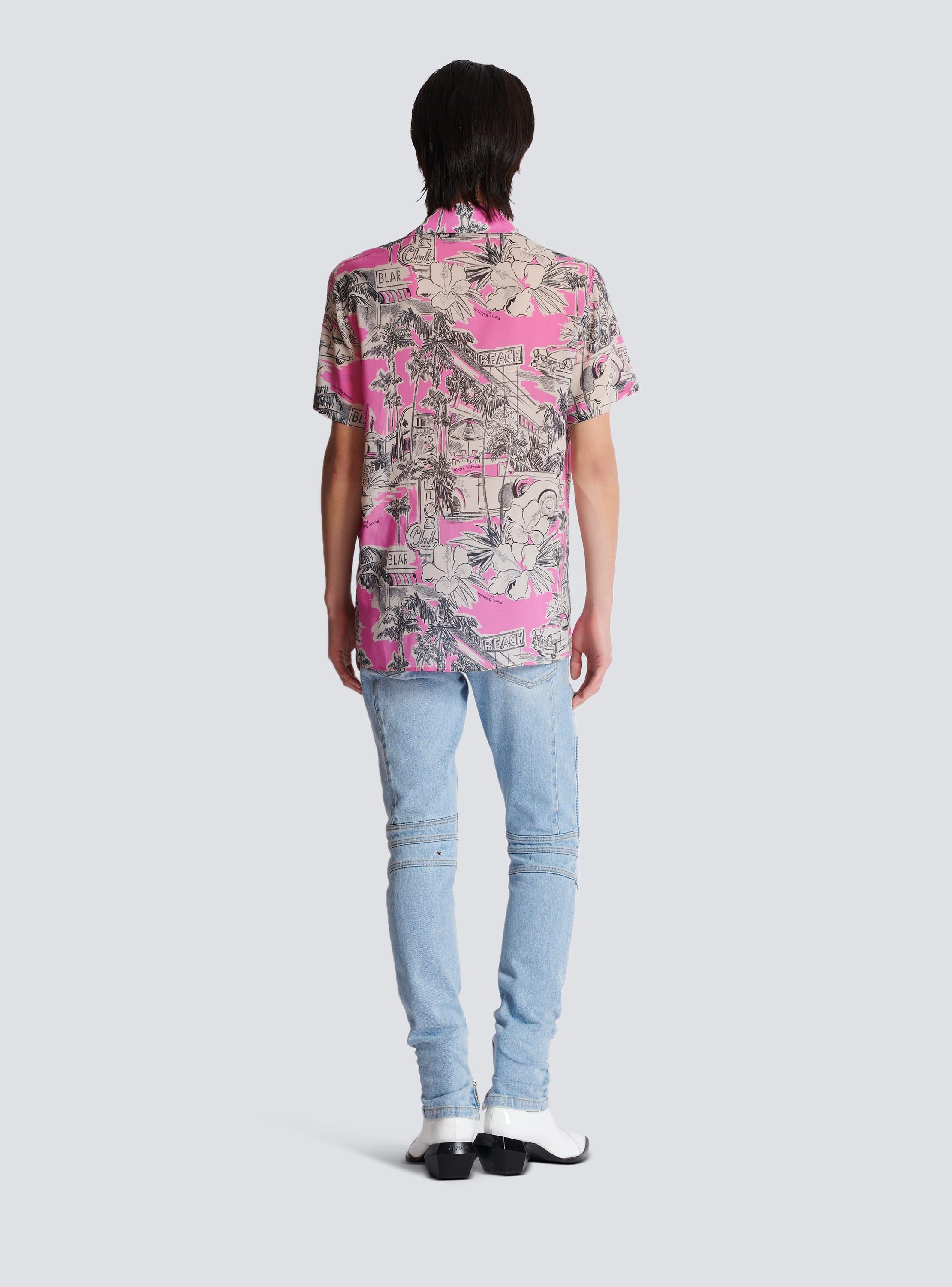 Short-sleeved silk pyjama shirt with Miami print Product Image