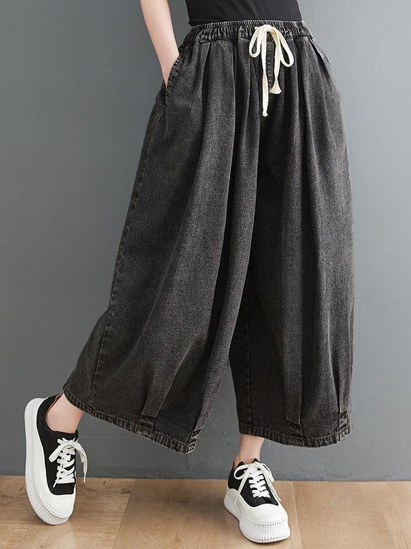 Casual Loose Drawstring Wide Legs Jean Pants Product Image